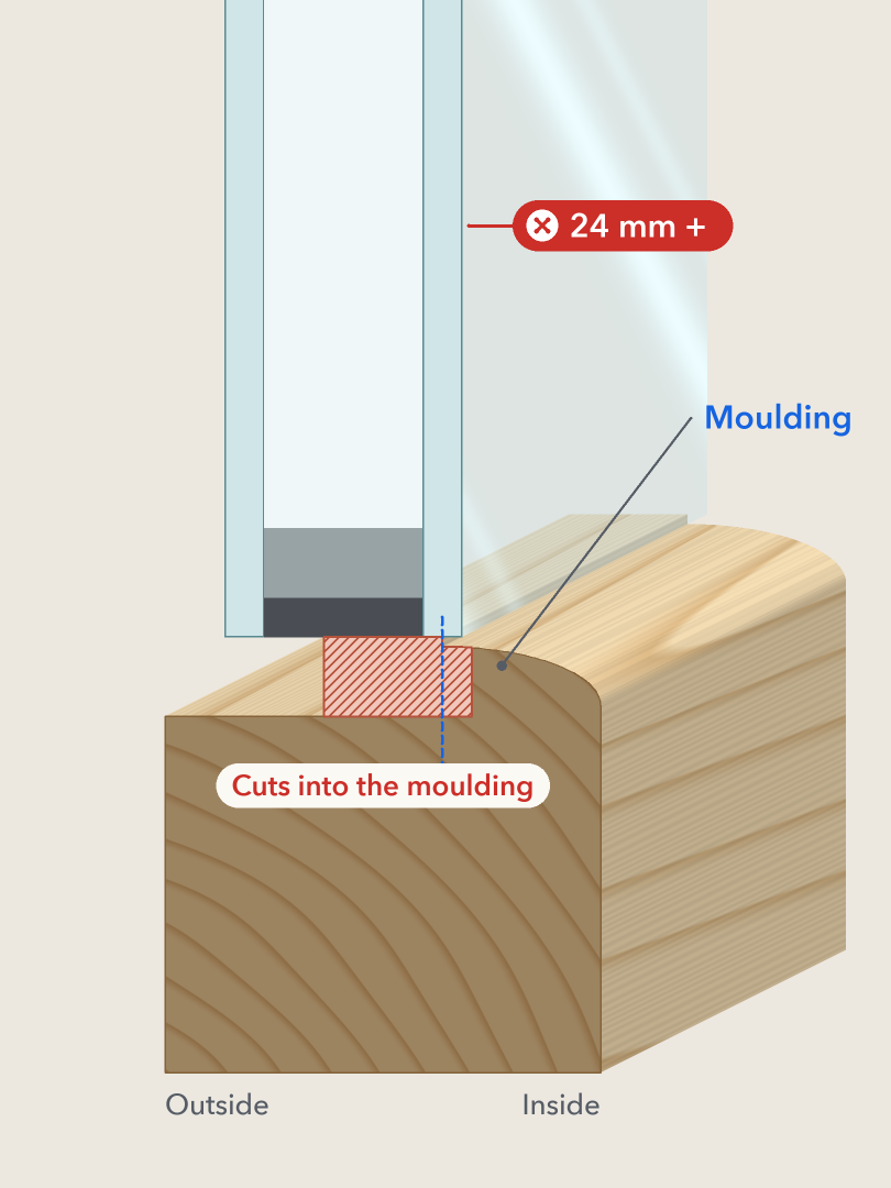 The same sash with a 24 mm double glazed unit, which would cut into the moulding