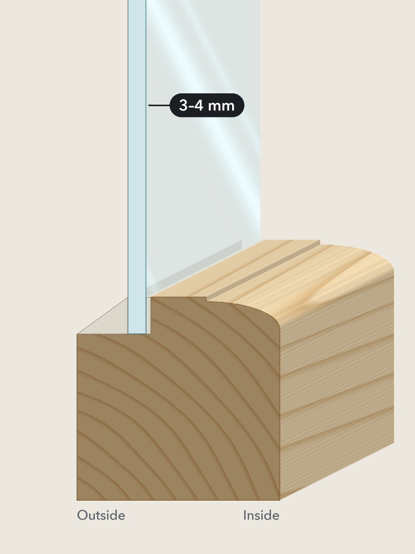 A timber sash stile drawn in section with thin original glass in its rebate