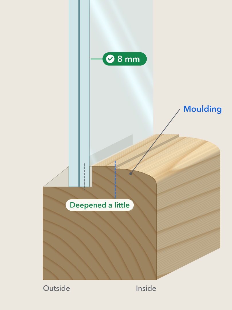 The same sash with 8 mm vacuum glass, the rebate deepened a little and clear of the moulding