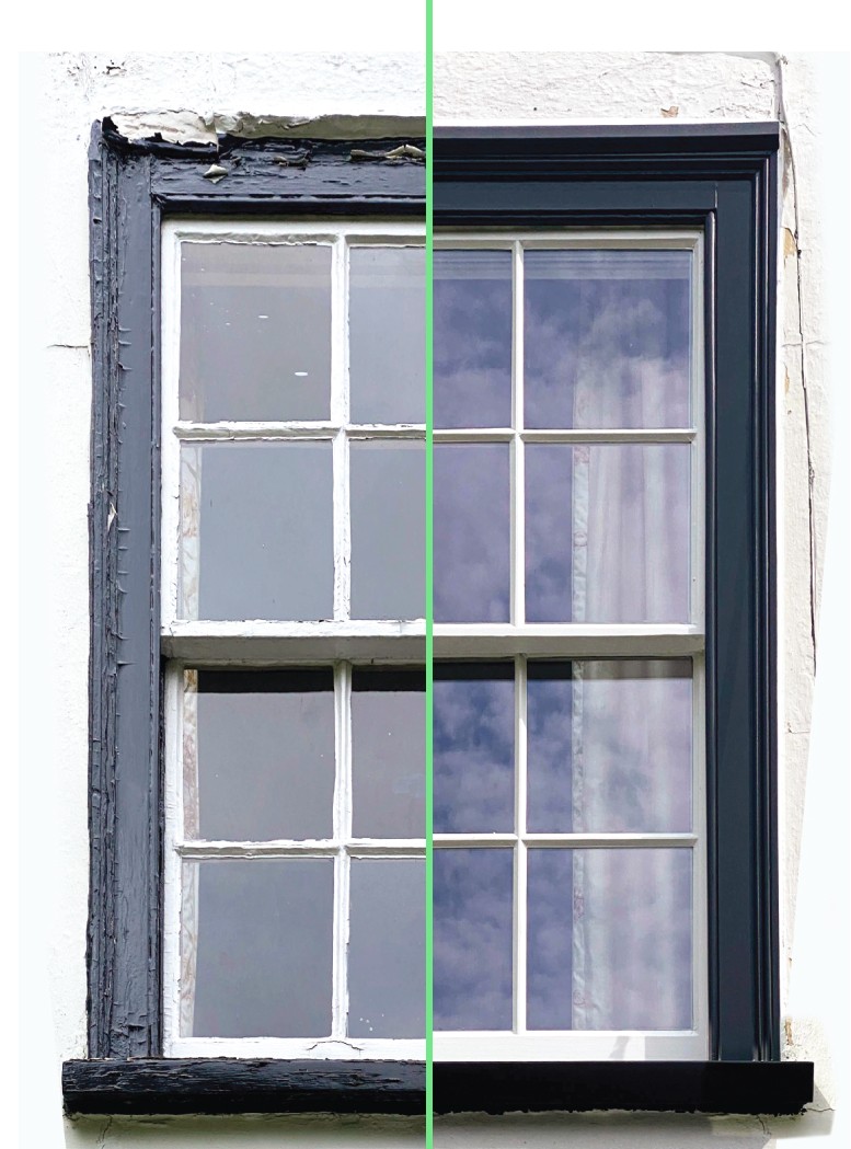 The same sash window before and after restoration: flaking paint and weathered timber on the left, repaired and repainted on the right
