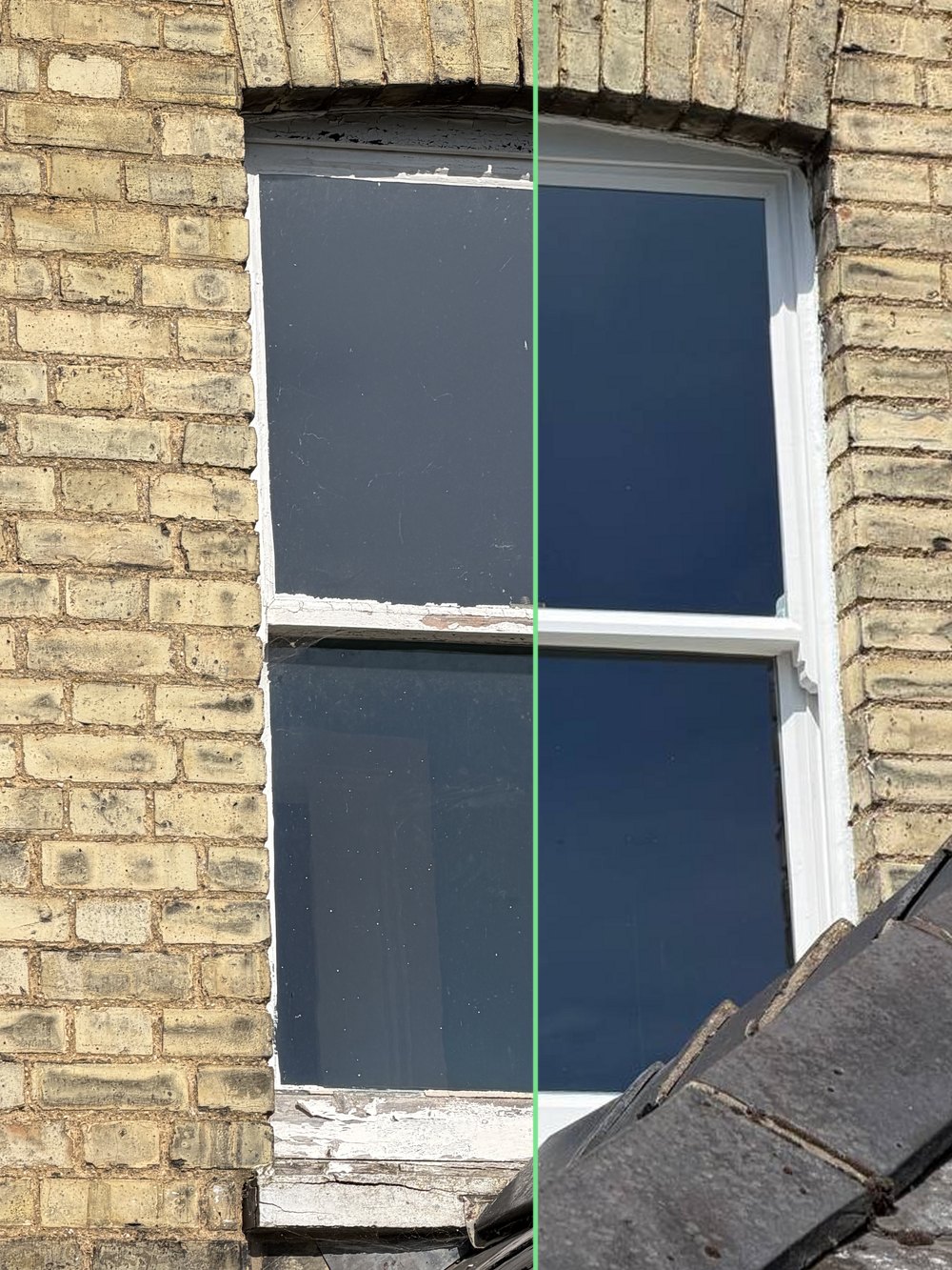 The same arched sash window split down the middle: before restoration on the left, with flaking paint on the rails and sill, after restoration on the right