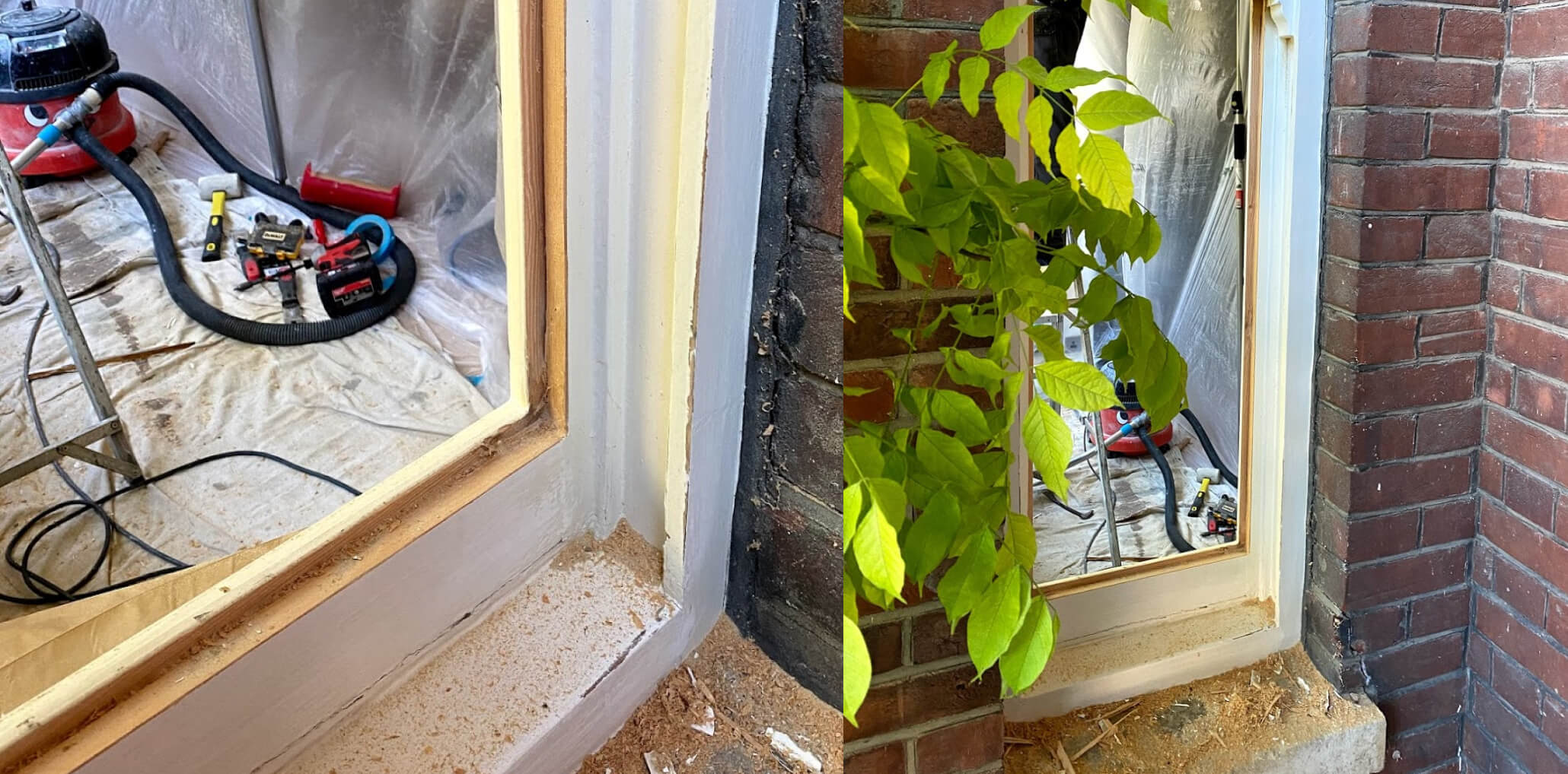 Sashes out and an original window frame being prepared on site for double glazing