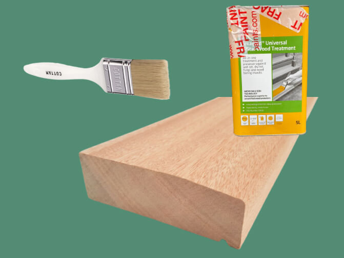 A new hardwood sill with a tin of wood preservative and a brush