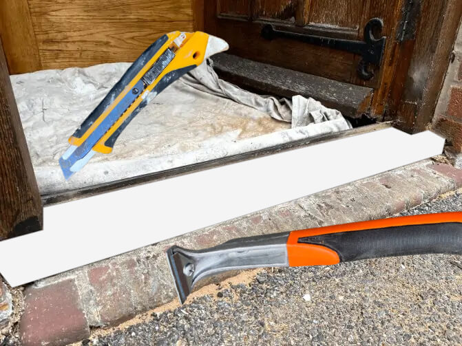 A utility knife and a scraper on the step where the old sill has been removed