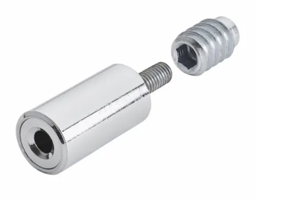 A chrome sash stop barrel with its threaded receiver