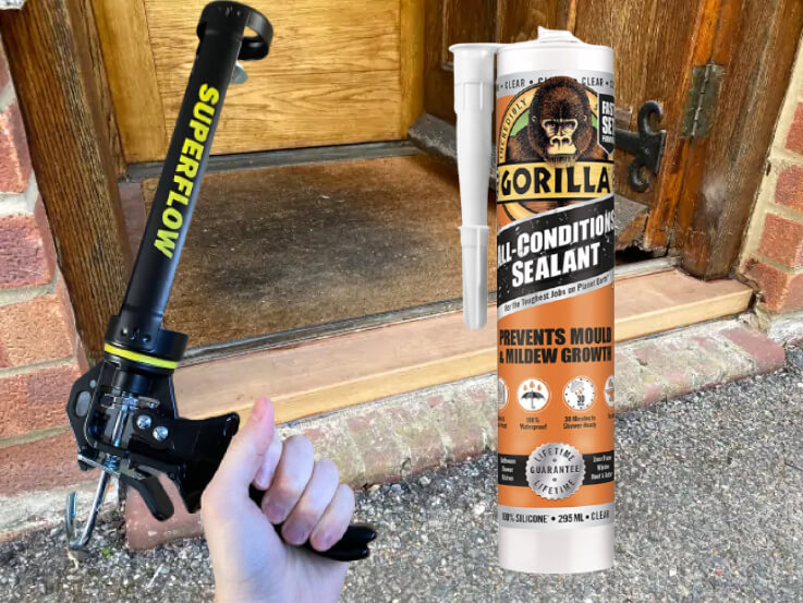 A sealant gun with a tube of Gorilla all-conditions sealant