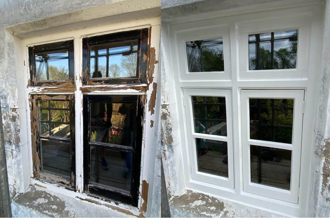 Before-and-after pictures of double-glazed sash windows painted.