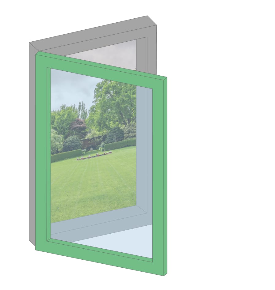 A green sash window with a view of a grassy field.