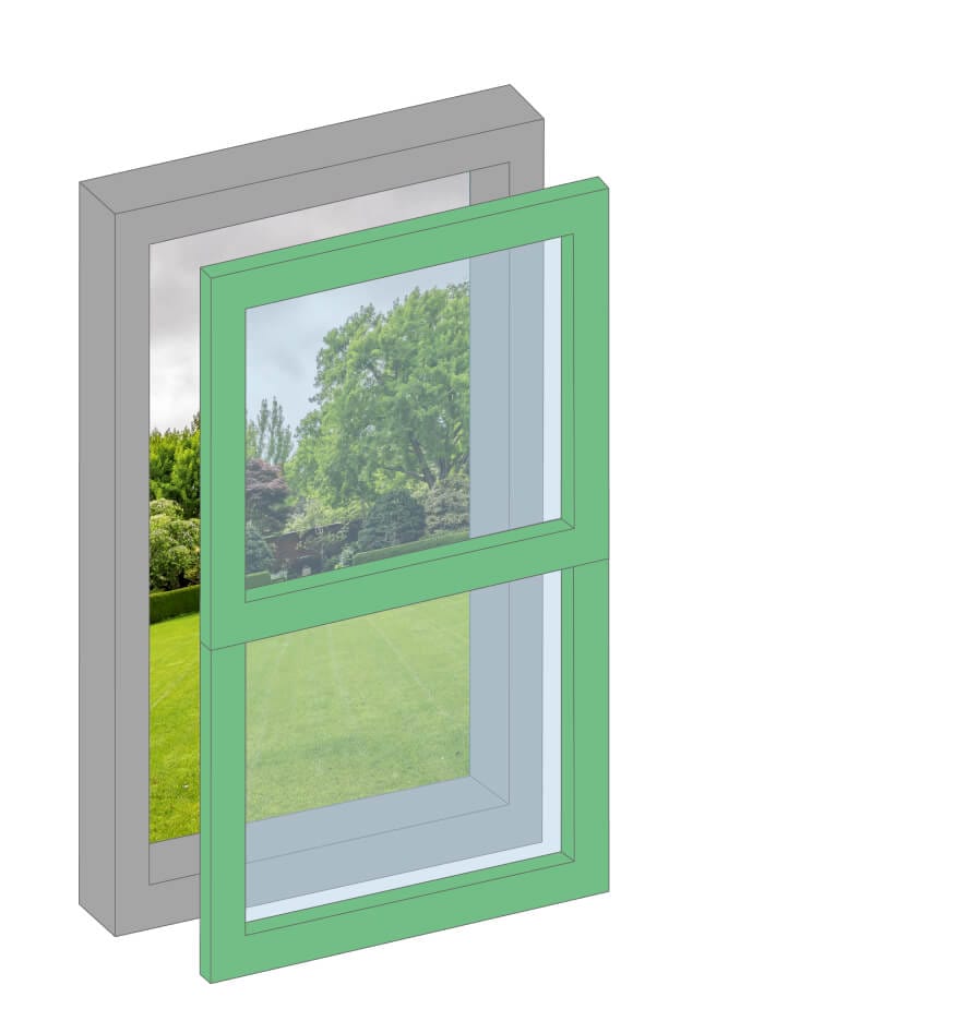 A green sash window providing a view of a grassy field.