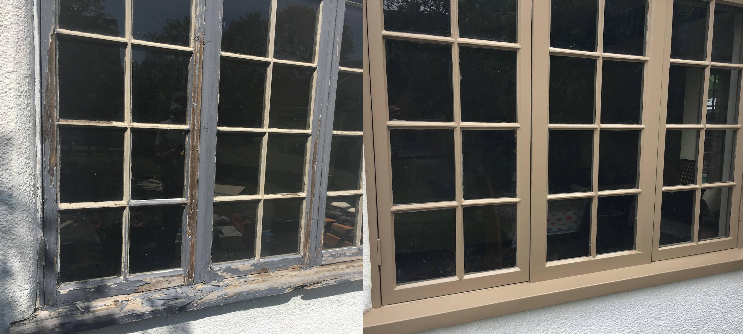 Casement window restoration shown through before-and-after painting.