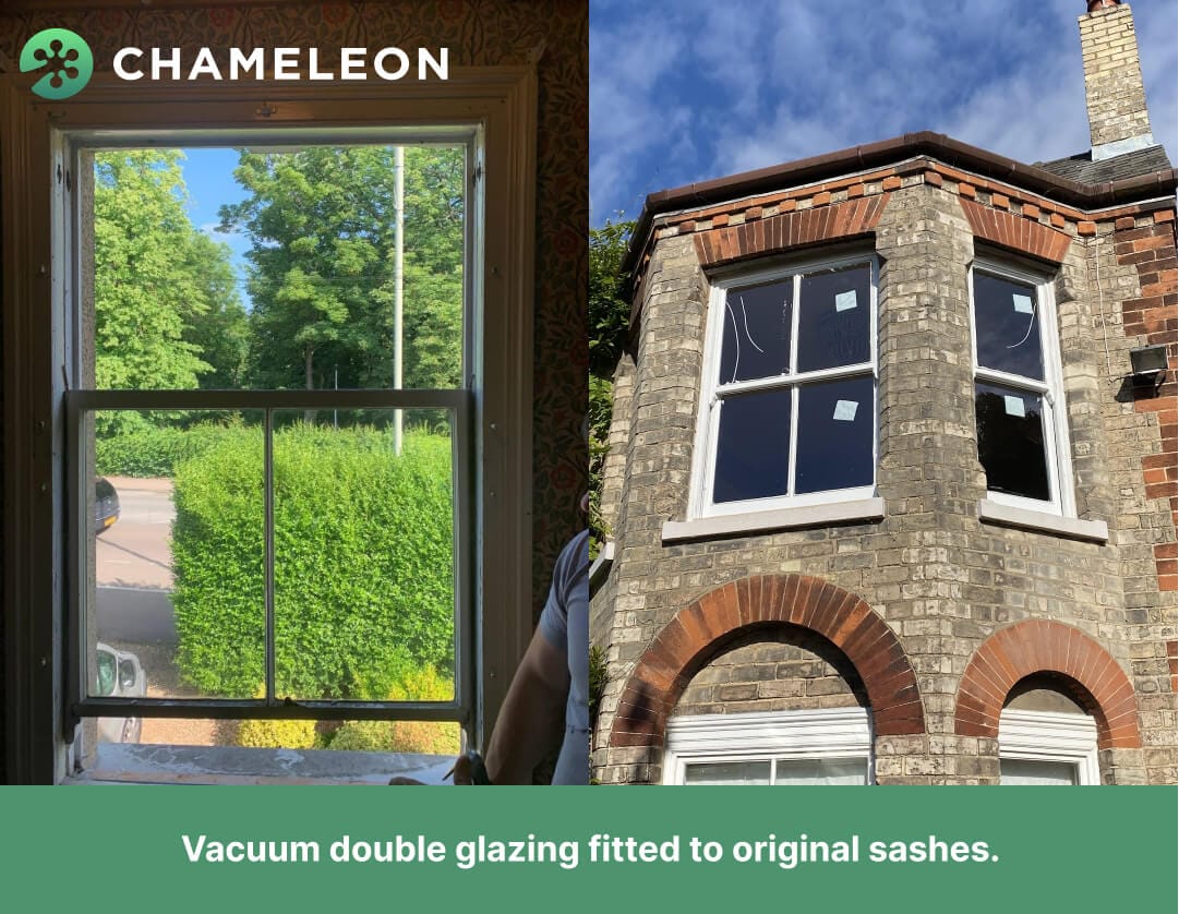 Chameleon velux double glazing fitted to original sash windows for sash window restoration in Newmarket.