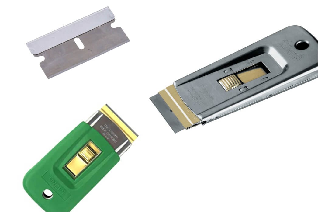 Three different types of blades used in window restoration projects on a white background.
