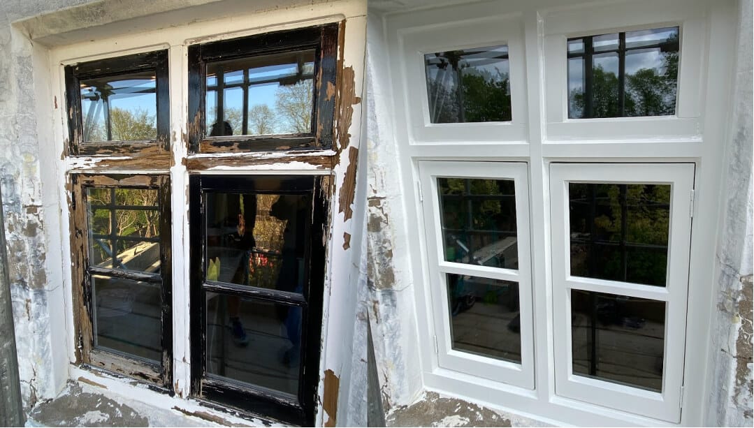 A casement window before and after restoration