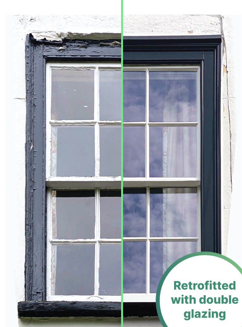 A single window shown split in half: left side with old, worn frame and single glazing; right side newly retrofitted through sash windows repair in Hitchin, featuring double glazing and a modern frame.