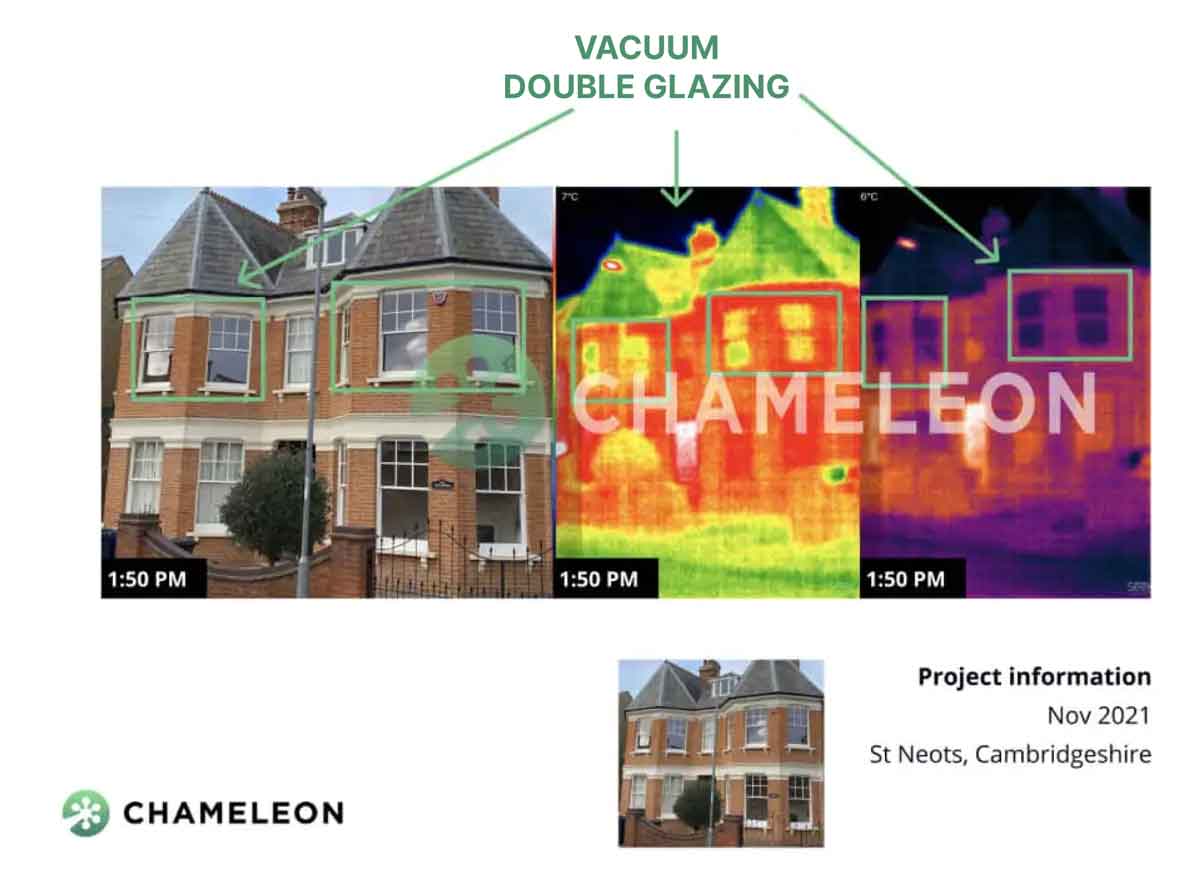 A side-by-side comparison of a house in visible light and thermal imaging, highlighting windows with advanced thermal insulation and reduced heat loss. Project info: St Neots, Cambridgeshire, Nov 2021.