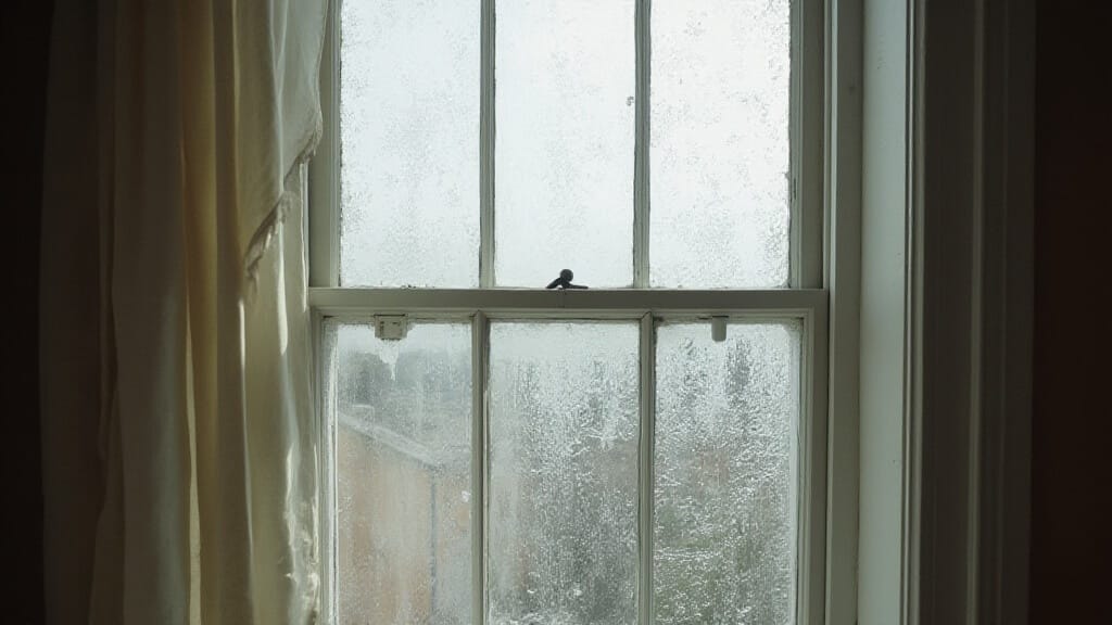 Condensation on the lower panes of a sash window behind a sheer curtain, with small spots of black mould on the sill edges
