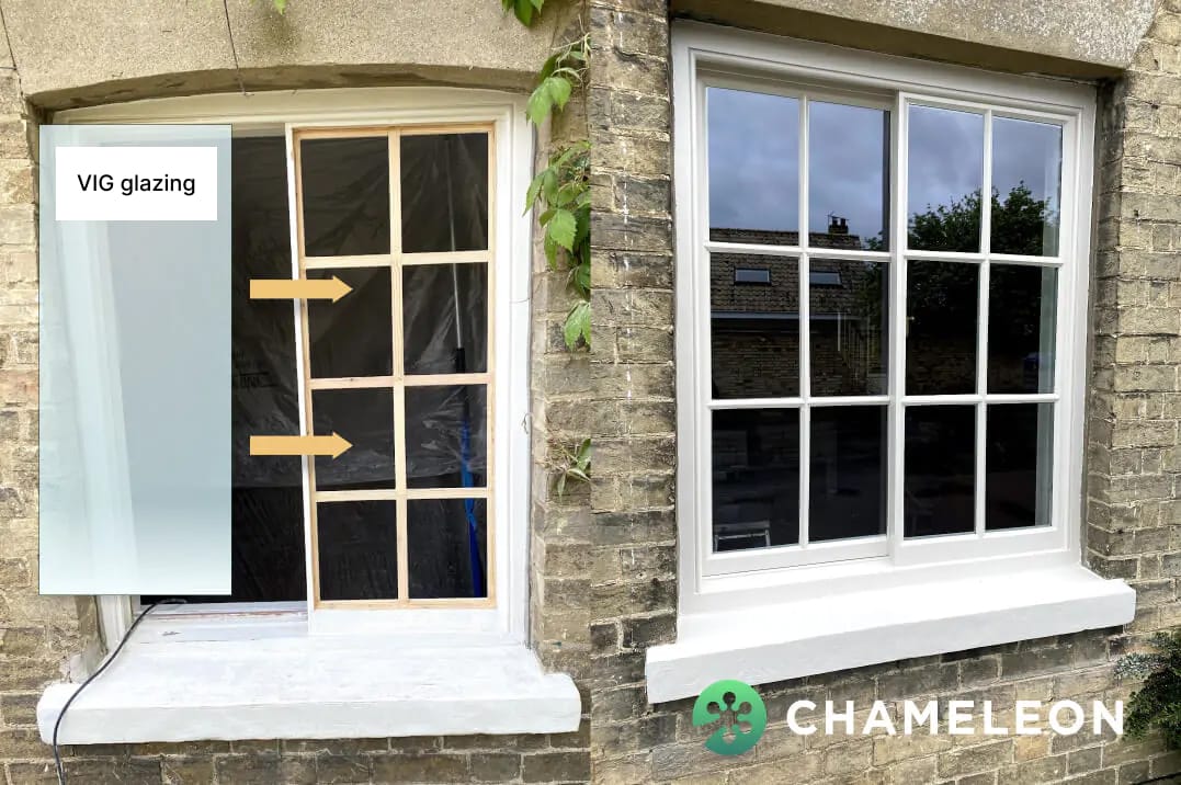 Side-by-side comparison of a window under renovation with VIG glazing installation (left) and a fully restored window featuring traditional glazing bars, replacing old single glazed windows, on a brick building (right).