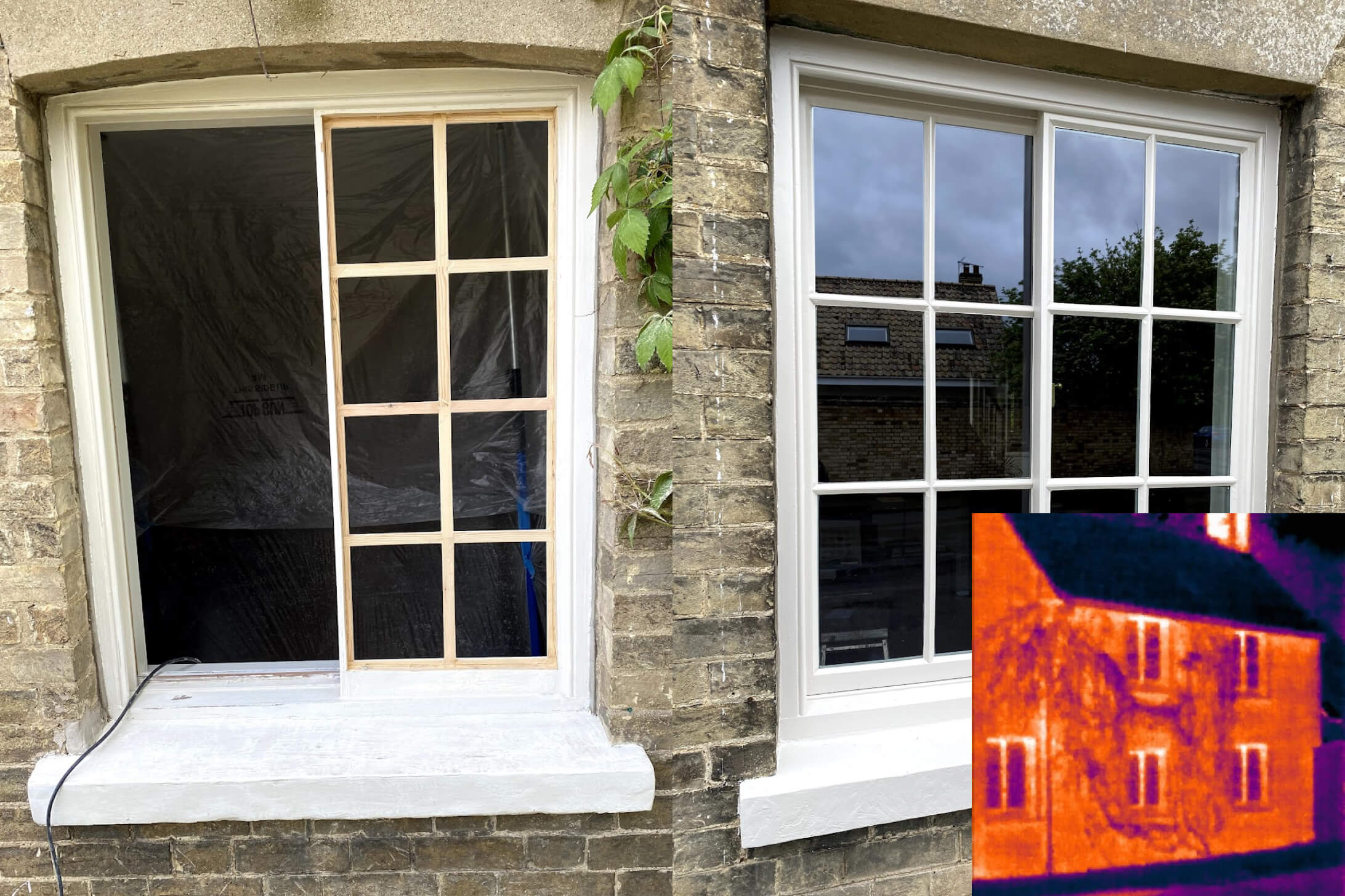 Two windows side by side, one unfinished with exposed wood frame, the other finished; inset highlights heat loss in a thermal image—illustrating the impact and potential sash window refurbishment cost savings.
