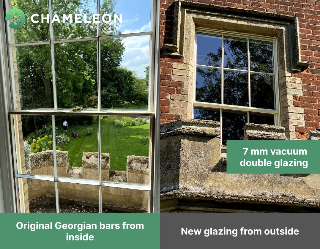 Side-by-side comparison of a window: left shows the original astragal bars from inside, right displays 7 mm vacuum double glazing from outside. Garden and brick wall visible.