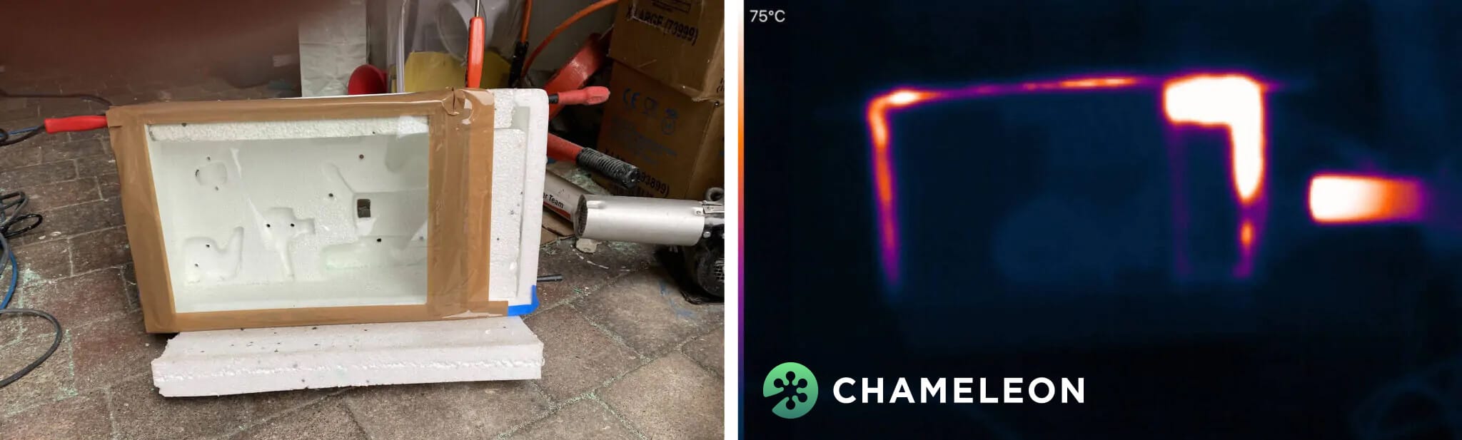 A homemade foam and wood box is shown on the left; on the right, a thermal image reveals heat escape at the corners and edges—unlike boxes insulated with Fineo glass, which greatly reduce such energy loss.