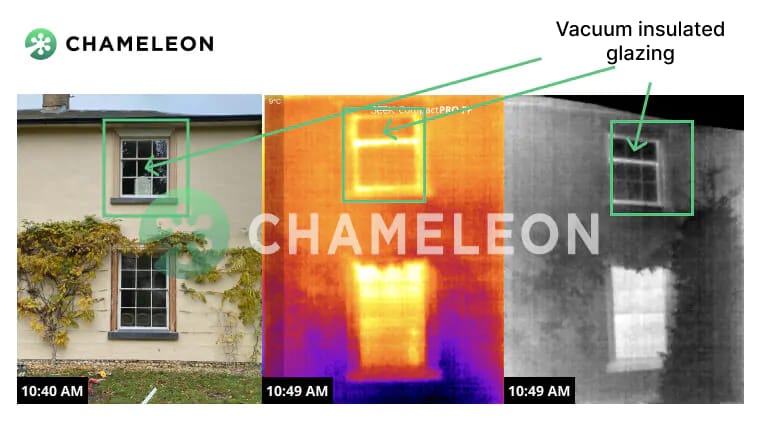 Three views of a house window: visible, thermal, and grayscale, contrasting vacuum insulated glazing with single glazed windows that appear much warmer in the thermal image.