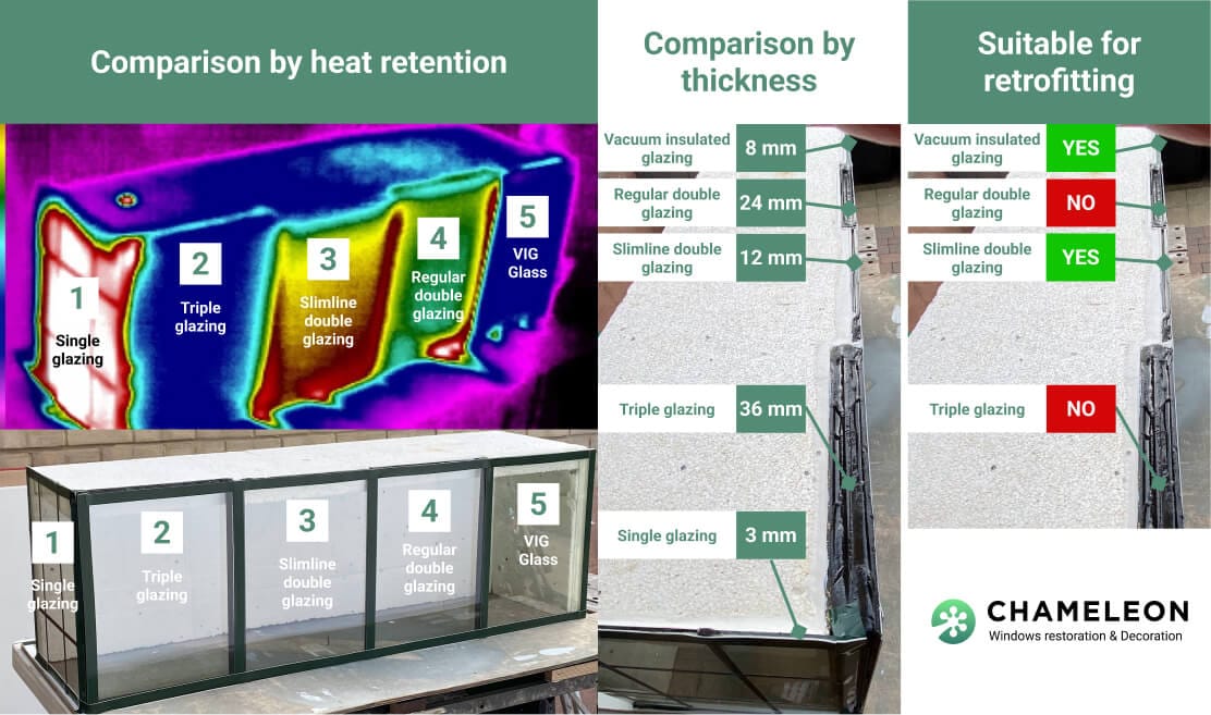 Comparison chart of five window glazing types, including single glazed windows, shows heat retention, thickness in millimeters, and suitability for retrofitting; features thermal image and side view of glass panes.