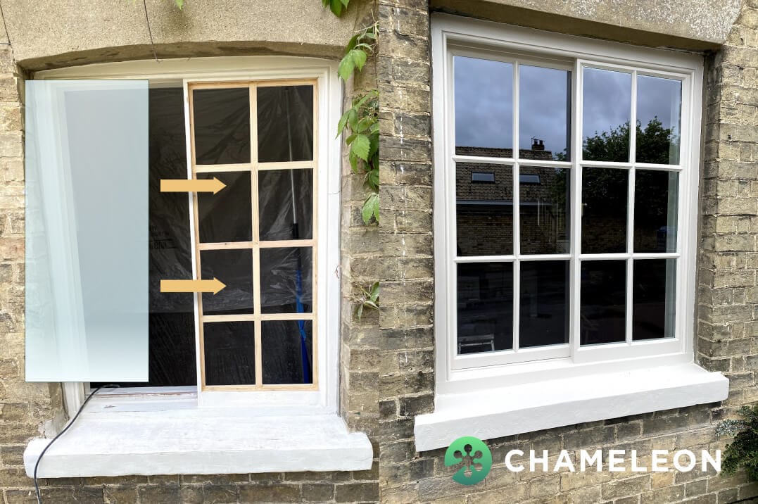 Side-by-side windows: the left displays a partially installed wooden frame with protective plastic, while the right highlights a fully restored, painted window after casement windows restoration.