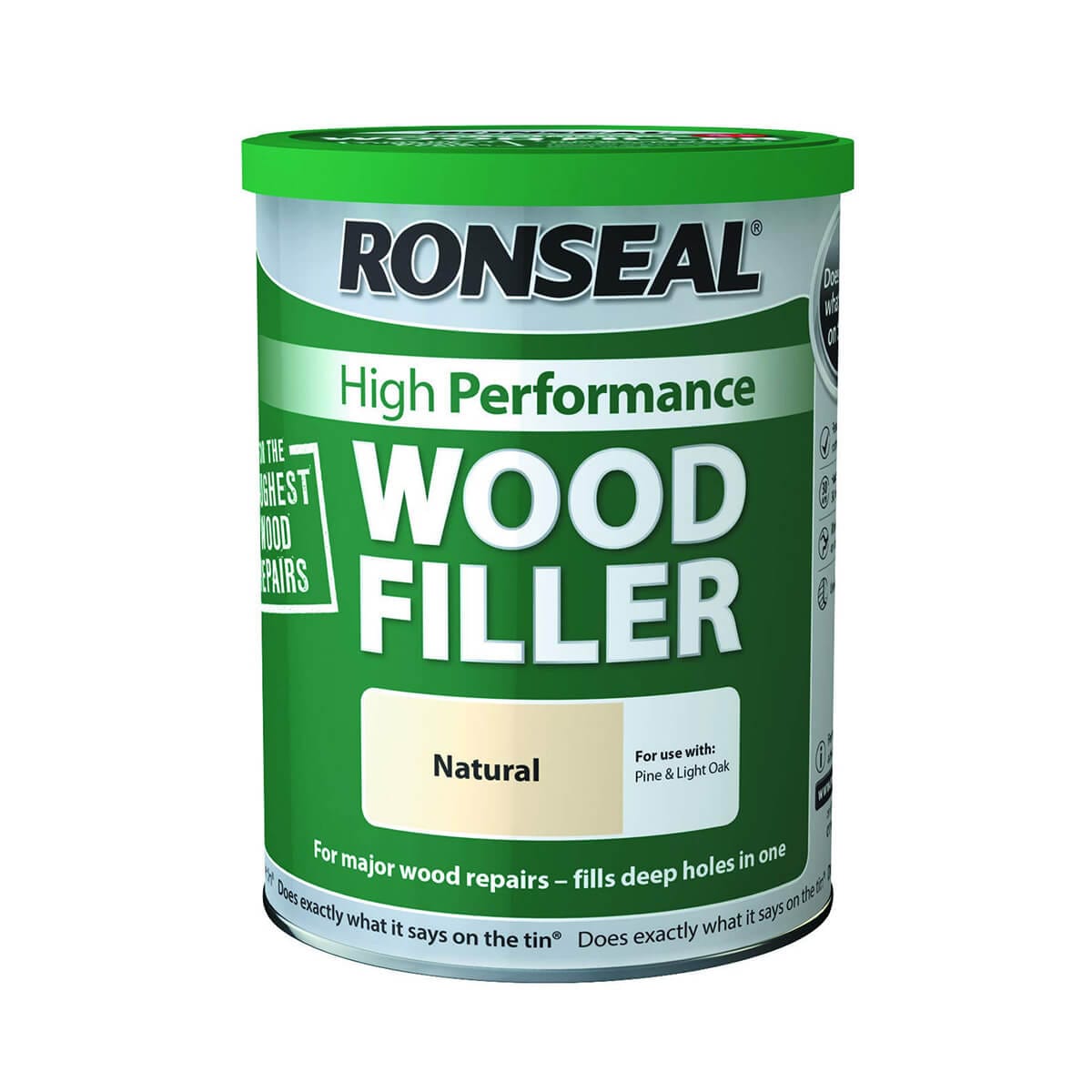 A tin of Ronseal High Performance Wood Filler, natural
