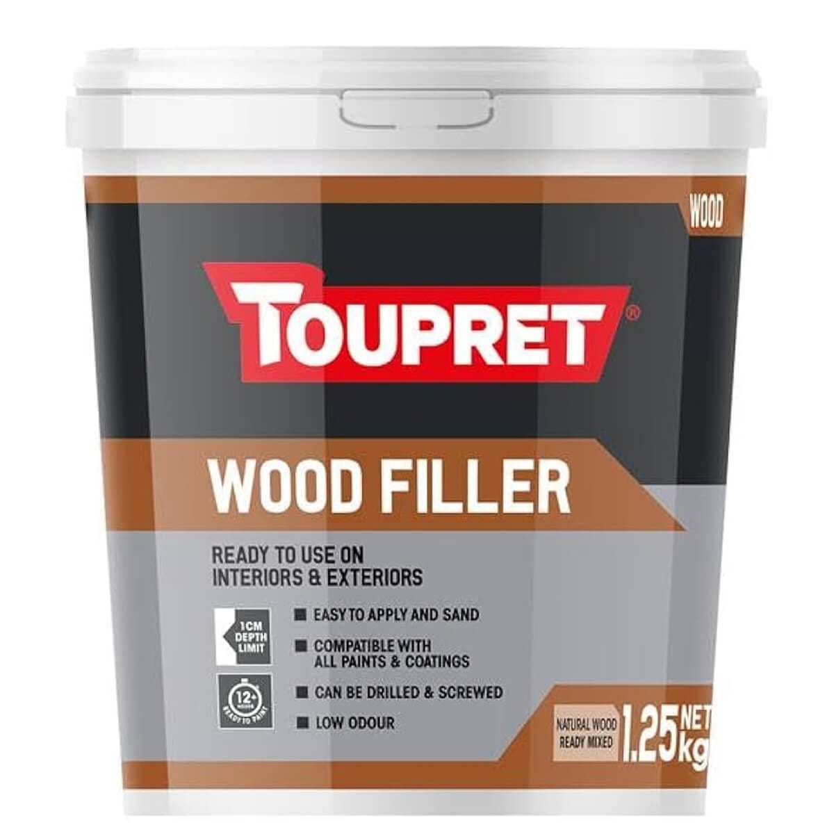 A tub of Toupret Wood Filler, ready to use on interiors and exteriors