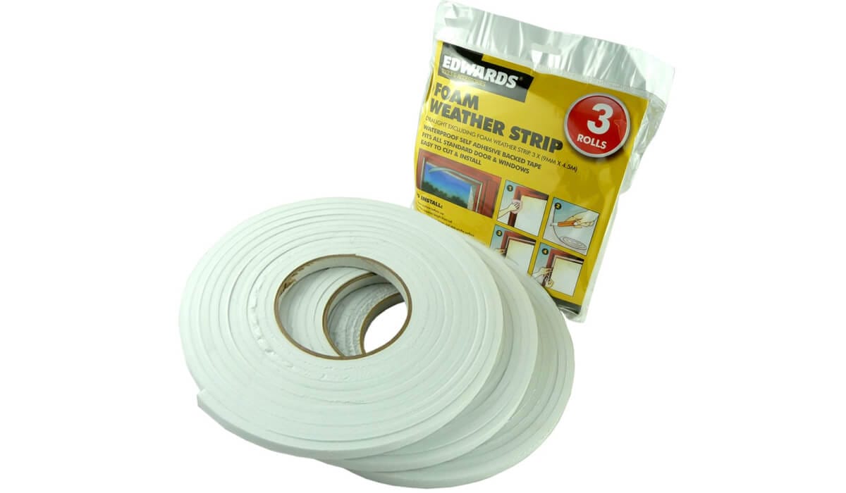 Three rolls of white self-adhesive foam weather strip beside an Edwards 3-roll pack