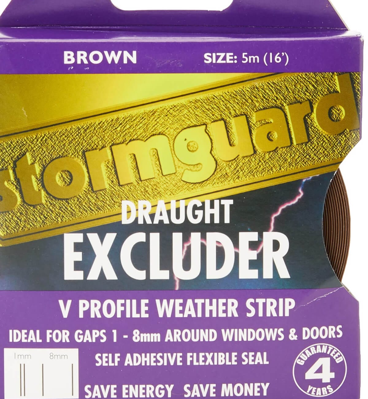 Stormguard brown V-profile self-adhesive draught excluder strip in its 5m pack