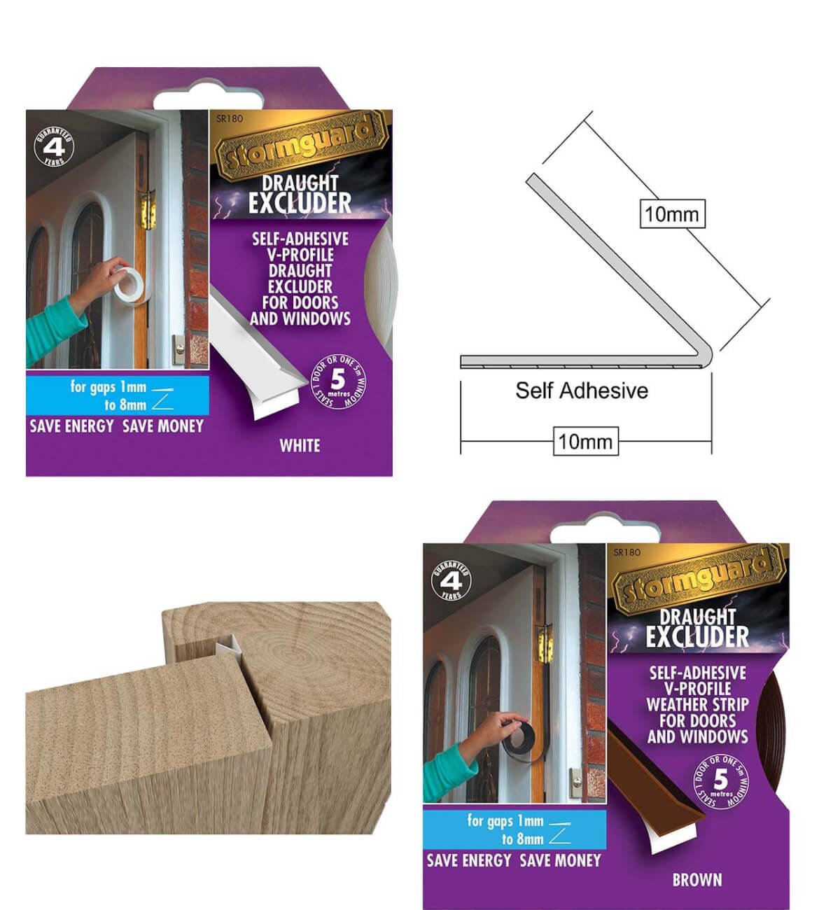 Stormguard V-profile draught excluder in white and brown packs, a 10mm profile diagram and the strip in a timber rebate