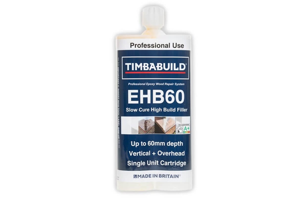 A Timbabuild EHB60 epoxy cartridge, labelled up to 60 mm depth, made in Britain